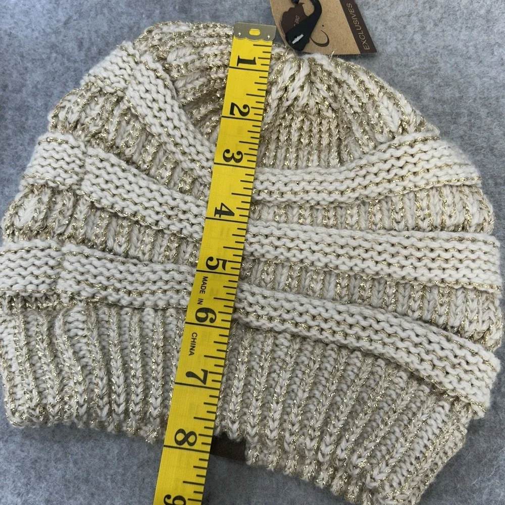 C.C Exclusives Knit Beanie Hat Cream Gold Metallic Acrylic One Size Women